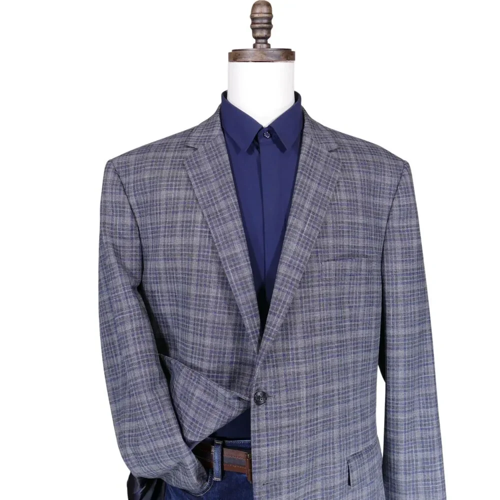 Jos A Bank Sport Coat Blazer Men 48L Traditional Unstructured Gray Blue Plaid